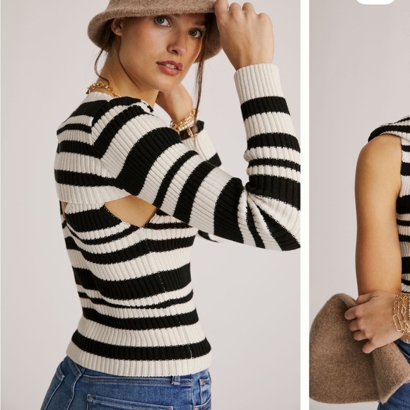 Anthropologie Maeve Striped Sweater Shrug SET Black White Tank Long Sleeve S NEW - Picture 2 of 12